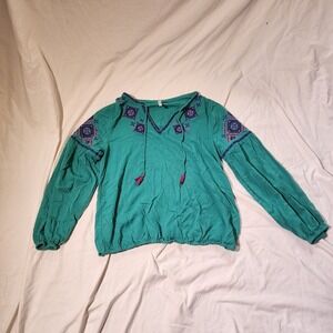Southern Tide Embroidered Southwestern aztec Boho Blouse Long Sleeve Green Small